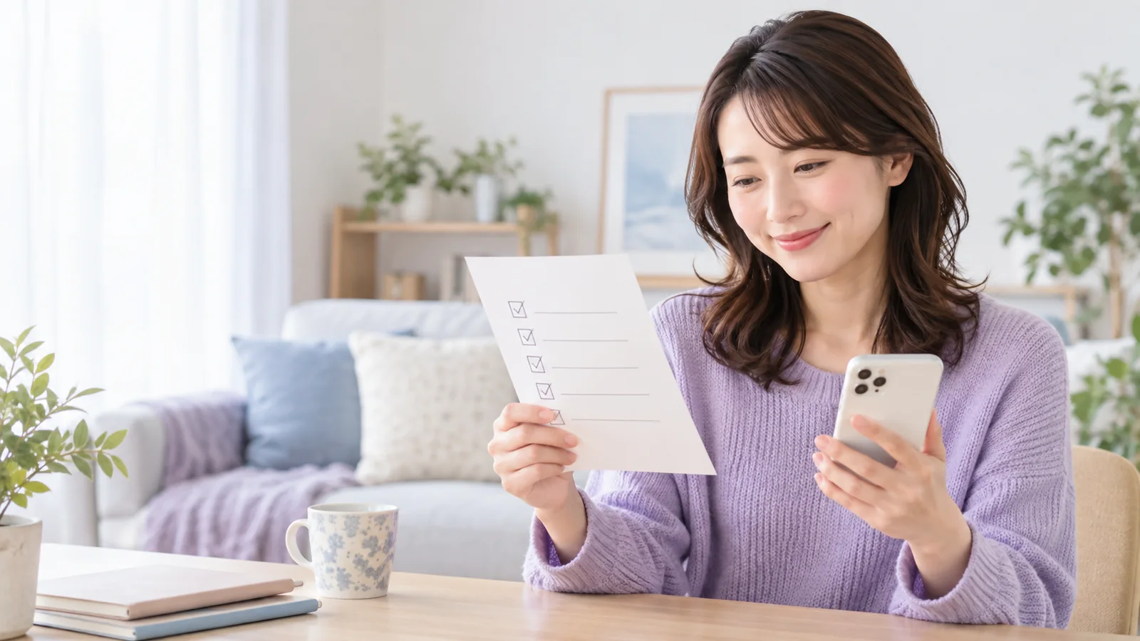 電話占いリノアの退会手順をスマートフォンで確認する女性