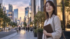 占いの相談前に質問を整理しながら都心の街を歩く成人女性のAI生成イメージ