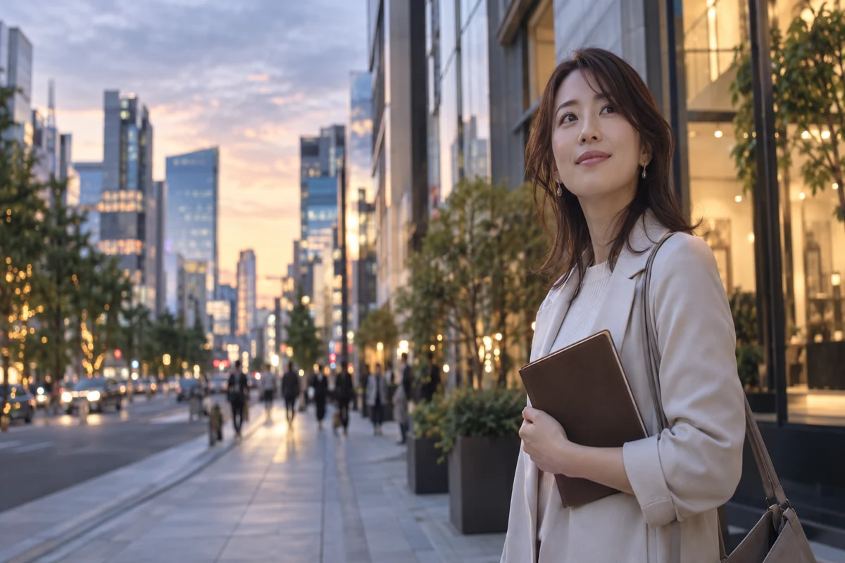 占いの相談前に質問を整理しながら都心の街を歩く成人女性のAI生成イメージ