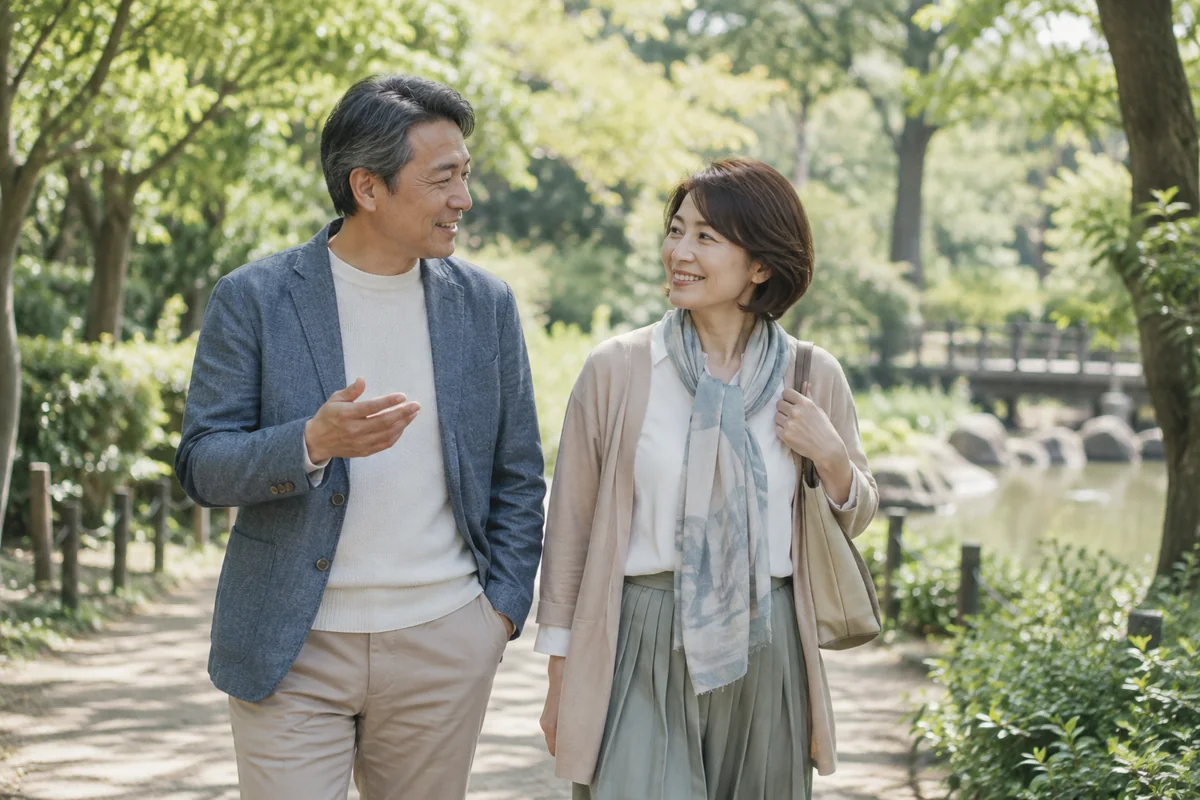 公園を歩きながら自然に会話する50代の男女