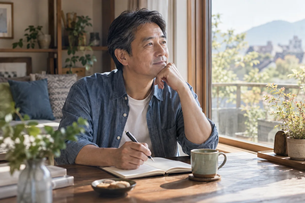 自宅でノートに向かい今後の関係を考える50代男性