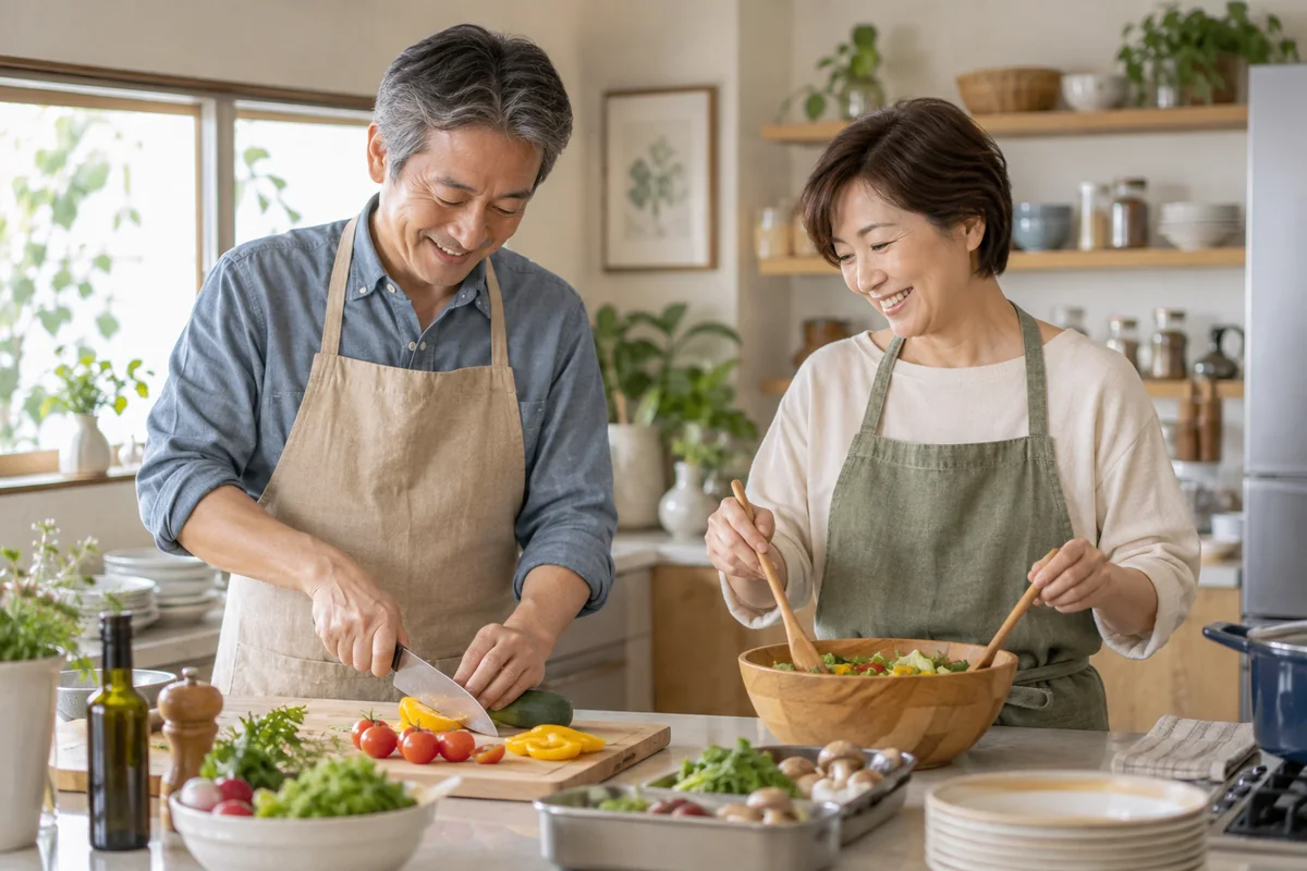 家のキッチンで協力して料理をする50代の男女