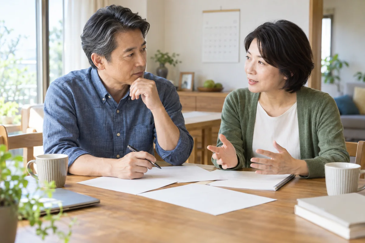 食卓で将来の生活について穏やかに話し合う50代の男女