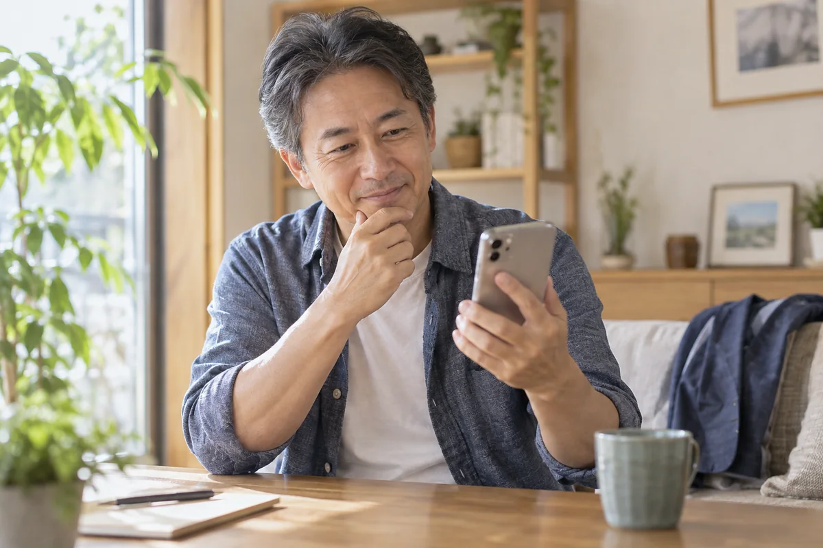 スマートフォンで誠実なプロフィールを作る50代男性