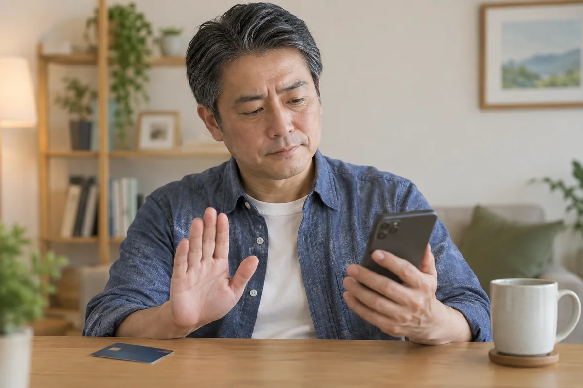 スマートフォンへの不審な金銭要求を断る50代男性
