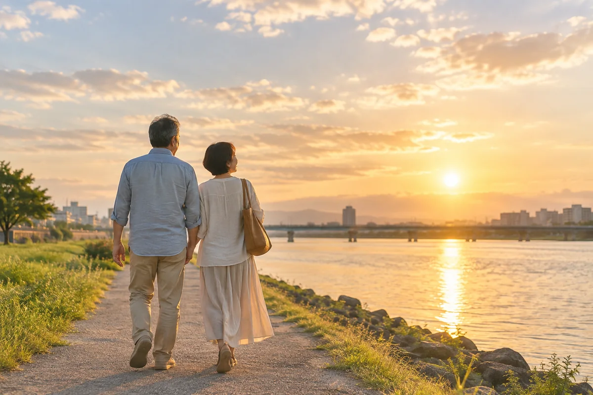 夕暮れの川沿いを穏やかに歩く50代の男女