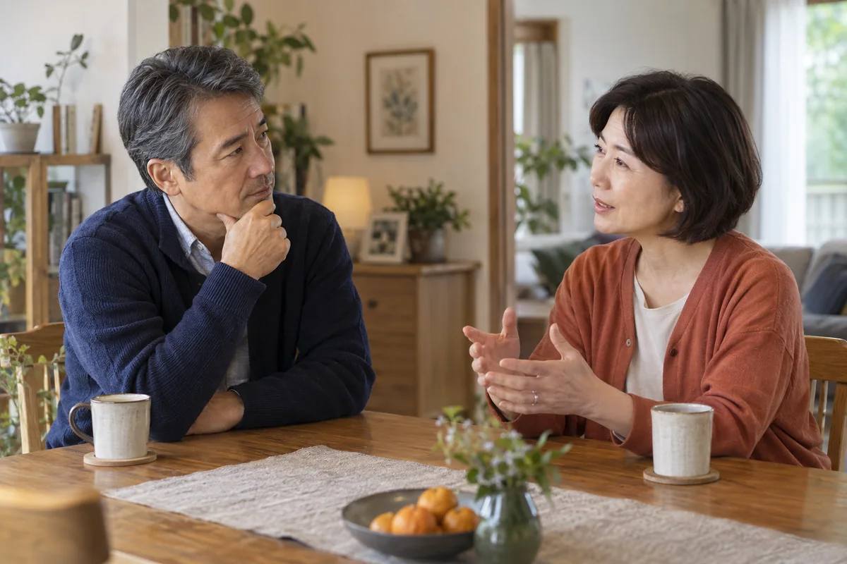 自宅のテーブルで将来について率直に話す50代の男女
