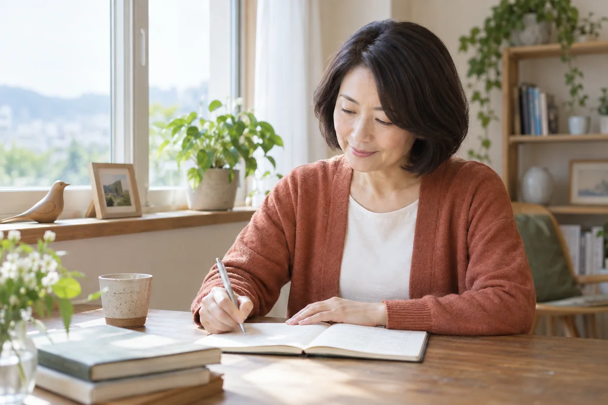 相手を待つ期限と自分の希望をノートに書く50代女性