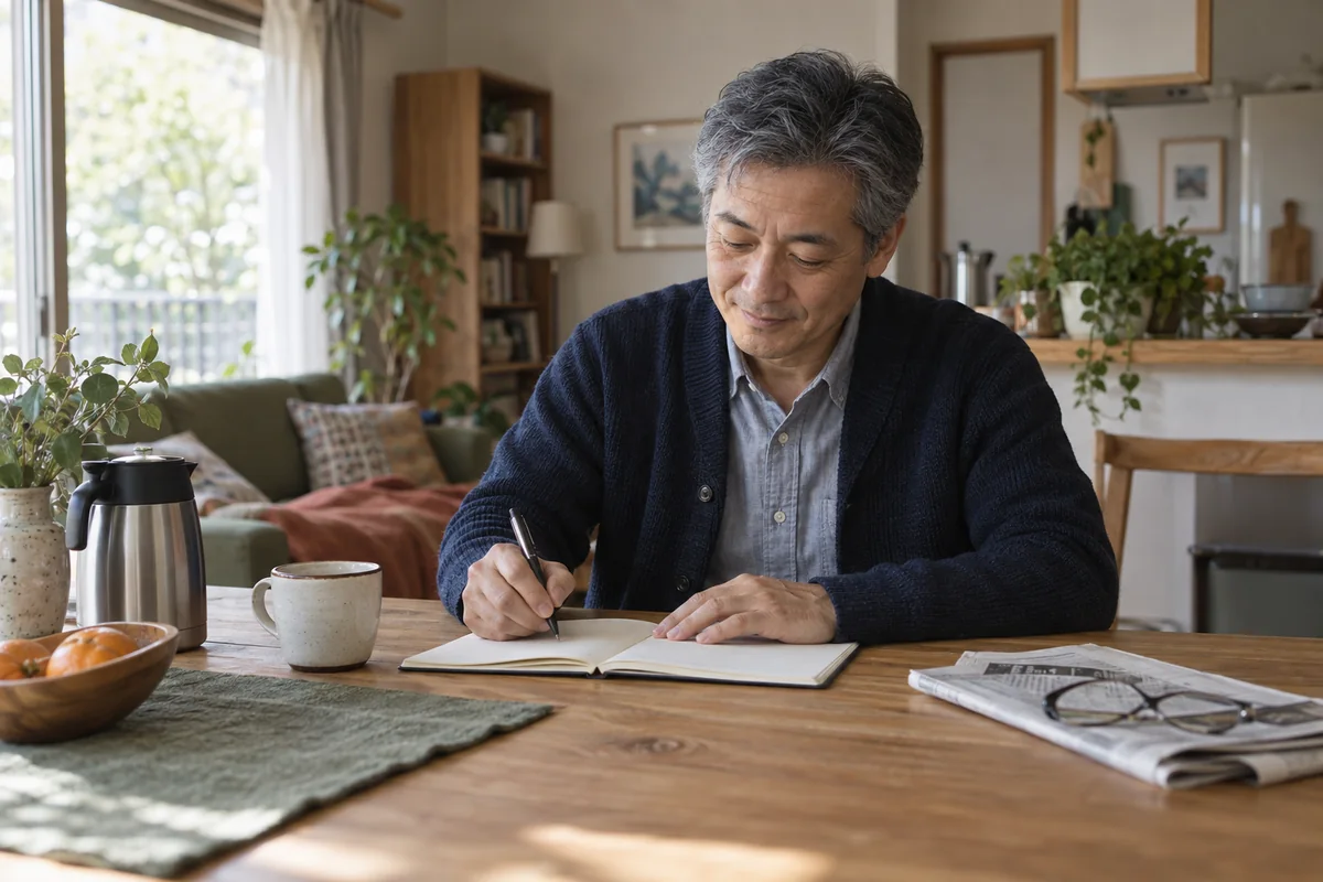 自宅で自分の暮らしと予定を整える50代独身男性