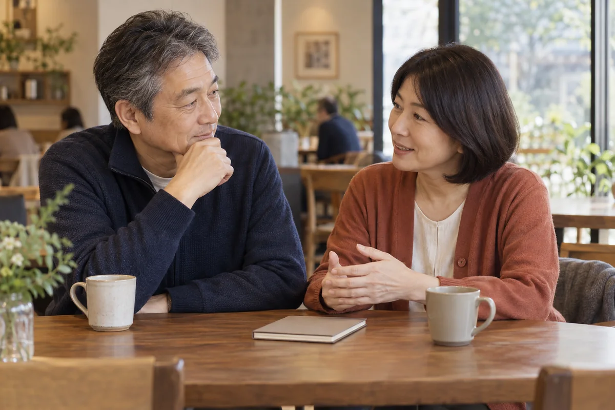 50代独身男性との関係について疑問を話し合う50代の男女