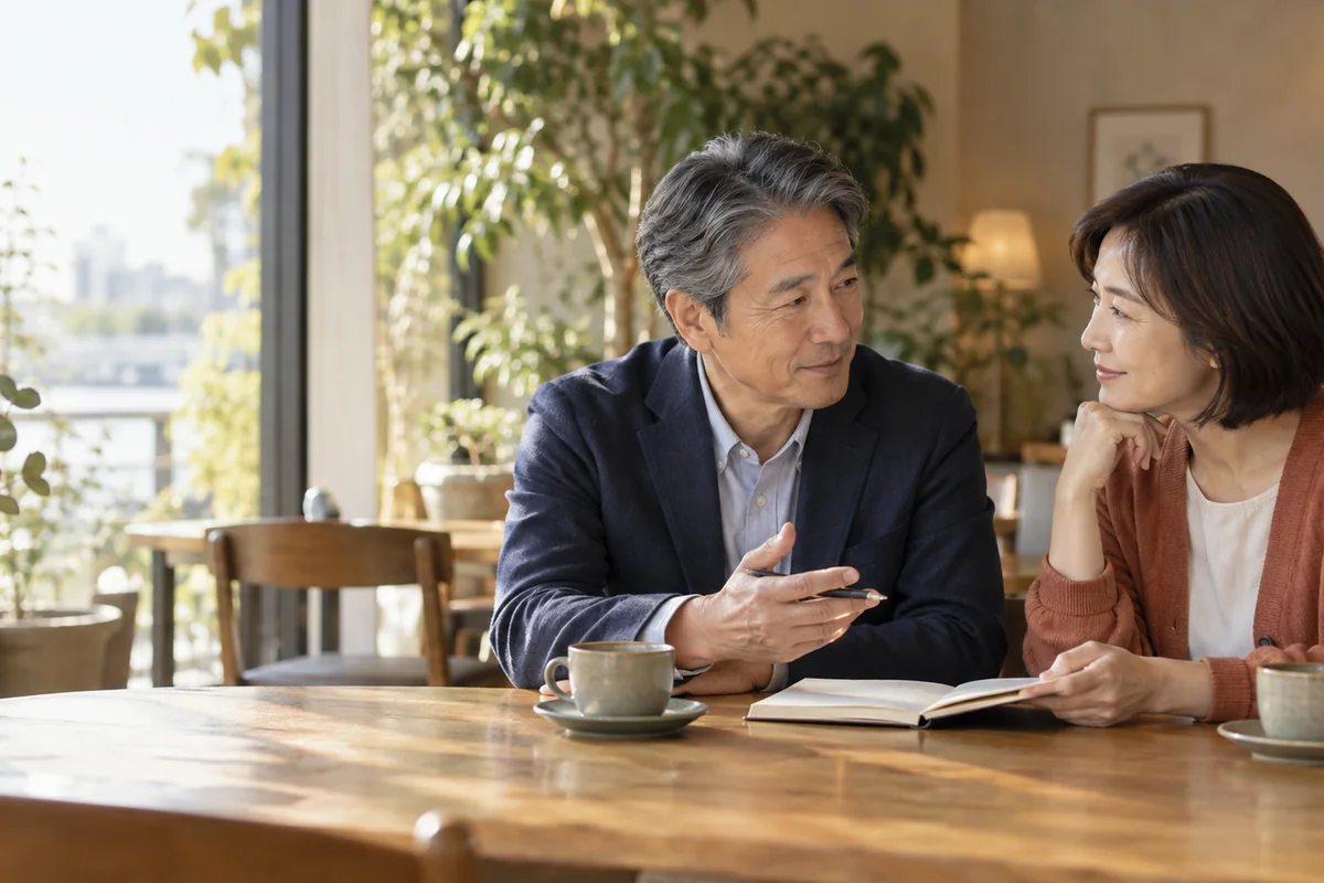 穏やかに将来の予定を話す50代の男女