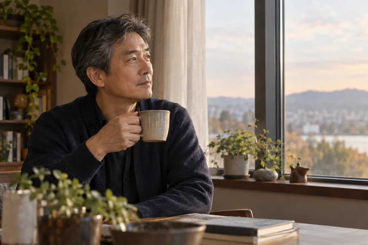 窓辺でこれからの恋愛について静かに考える50代独身男性