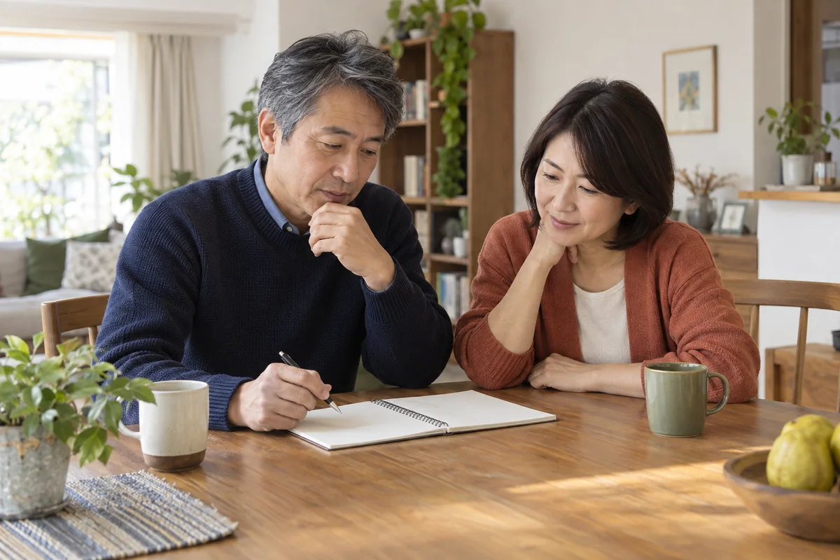 生活や将来の確認項目を手帳に整理して話す50代の男女