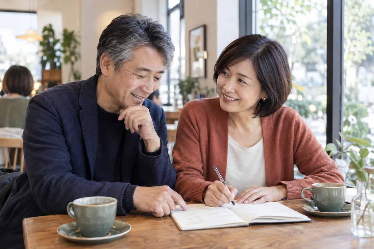 手帳を見ながら次に会う予定を具体的に決める50代の男女