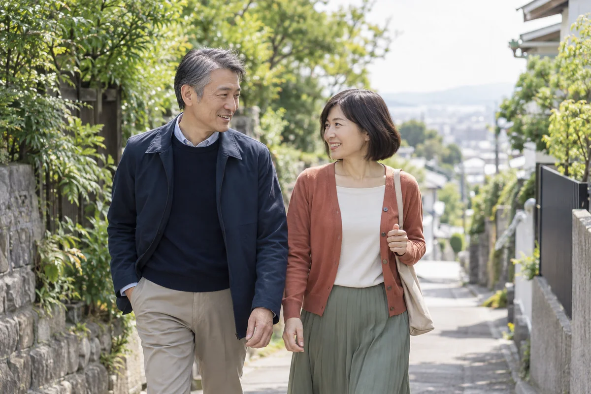 これからの暮らしについて前向きに歩きながら話す50代の男女