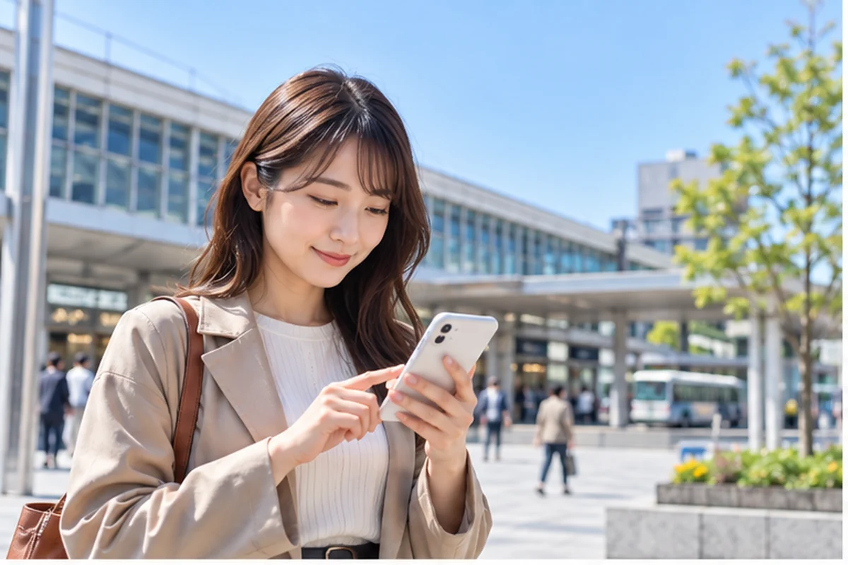 福島駅前でスマートフォンから占い店を探す女性