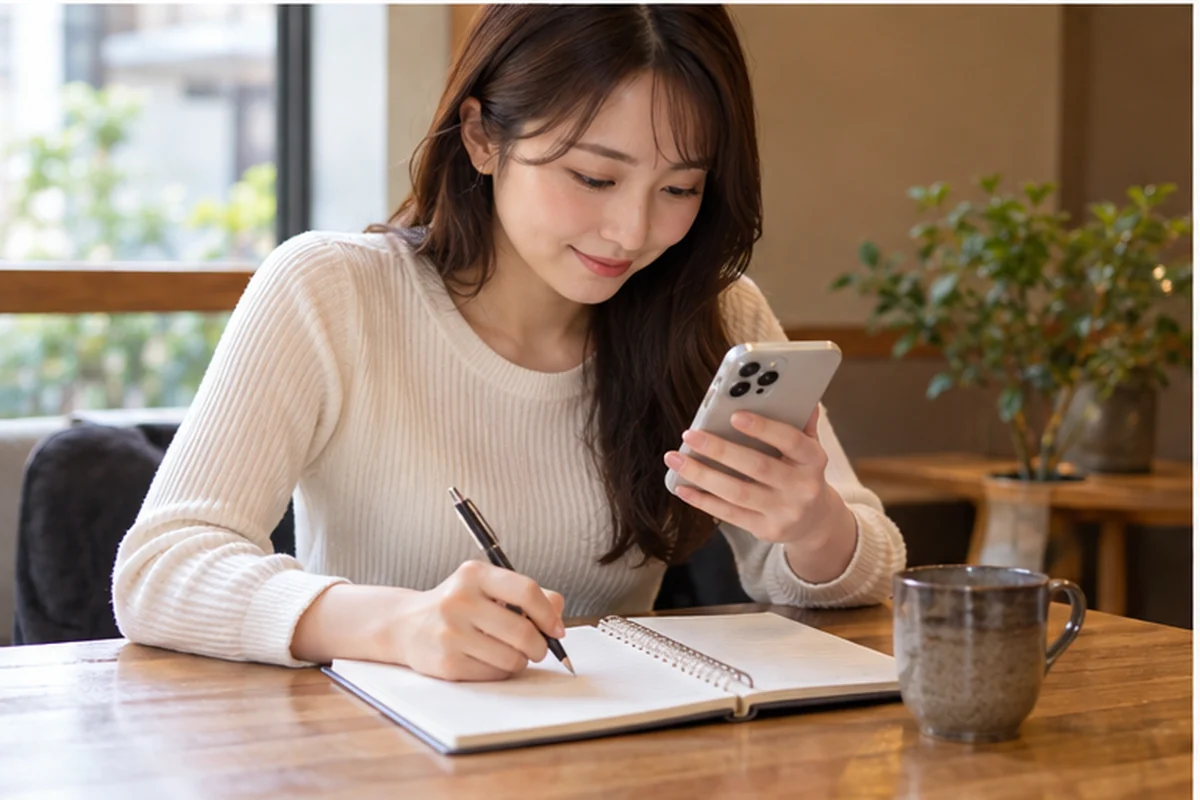 スマートフォンとノートで銀座の占い予約と予算を確認する女性
