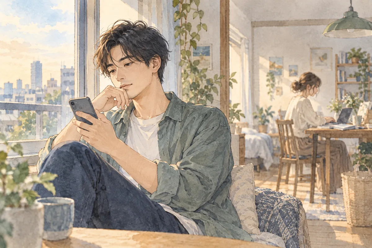 彼女とのLINEの変化に戸惑い、スマートフォンを見つめる男性