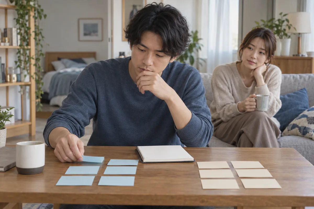 確認できた事実と推測を別々のノートに整理する様子