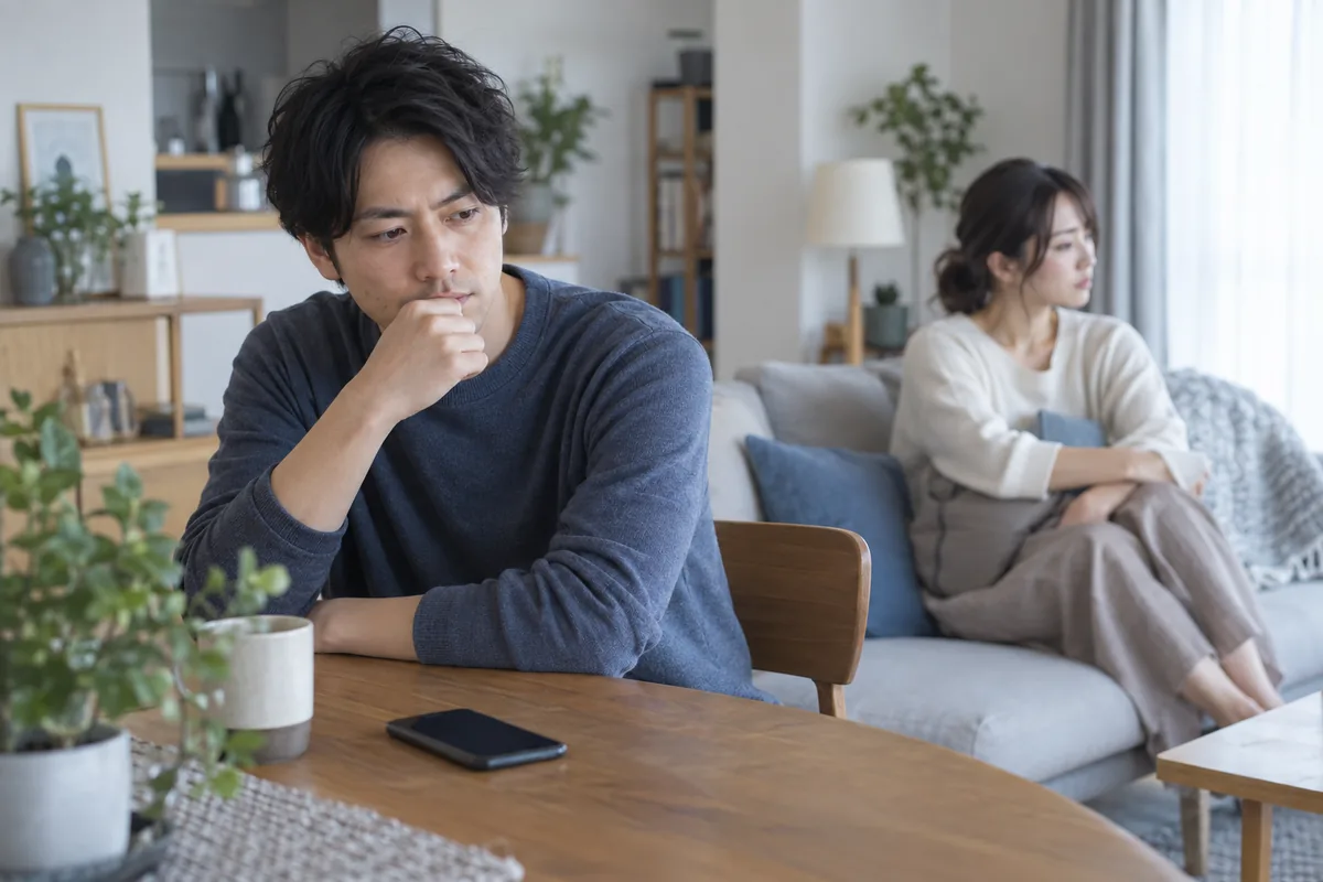 彼女に嘘をつかれ信用が揺らいだ男性が関係を考える様子