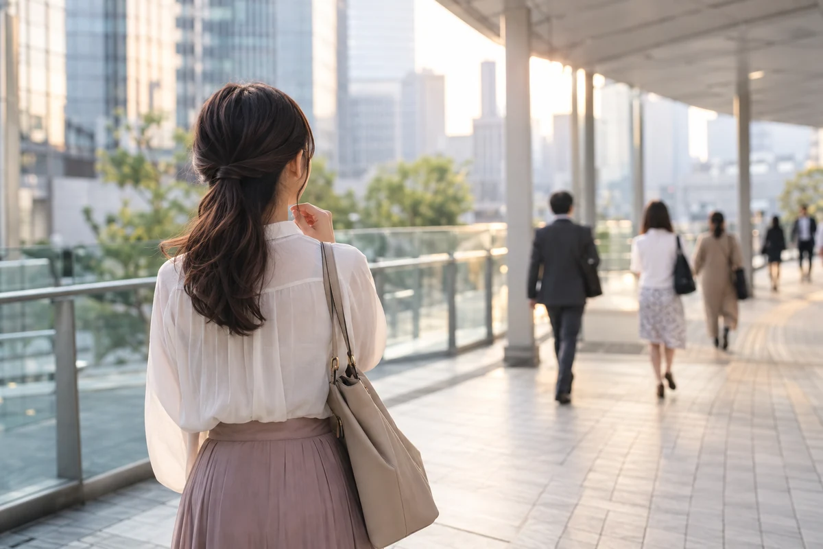 駅周辺での移動を考える女性の写真調イメージ