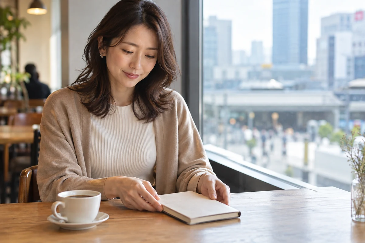 カフェで相談先を考える女性の写真調イメージ