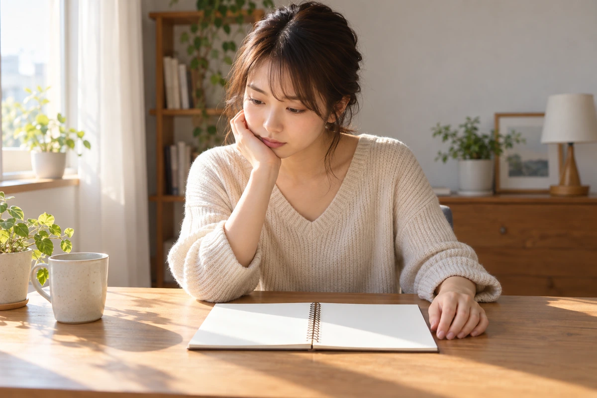 別れたい理由をノートの前で静かに整理する女性