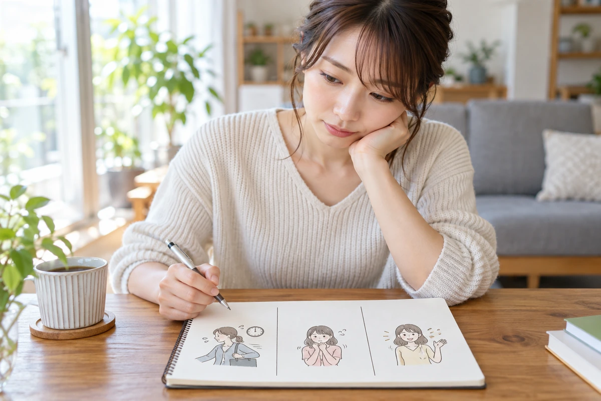 男性の行動をメモしながら違いを考える女性