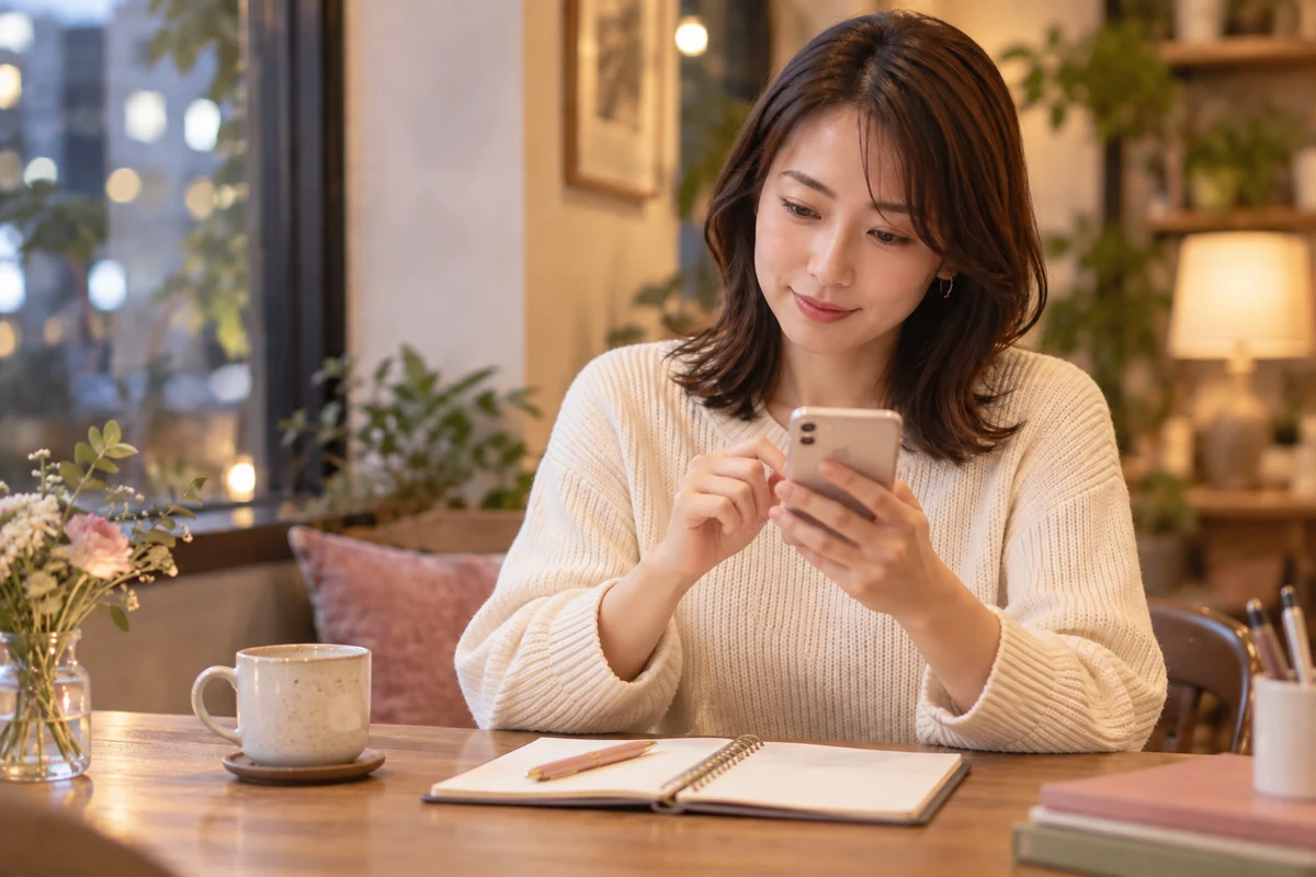 スマートフォンで誠実な返事を考える女性