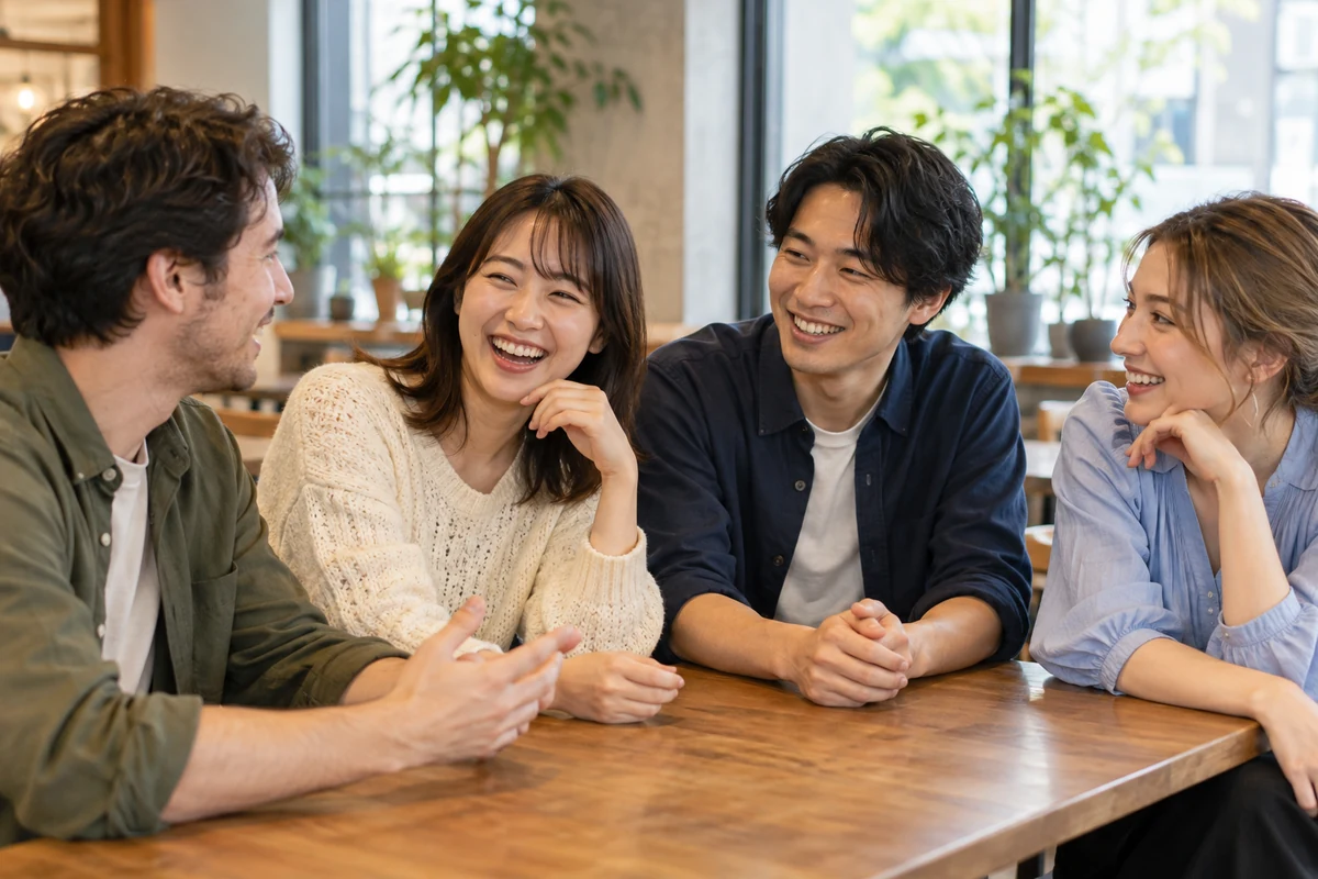 友人と自然に交流する社交的な大人たち