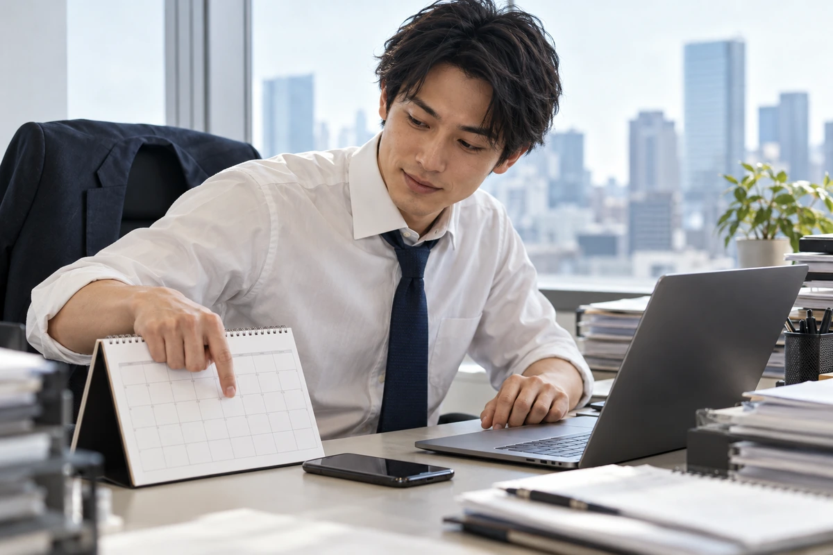 仕事に集中しながら予定を調整する男性