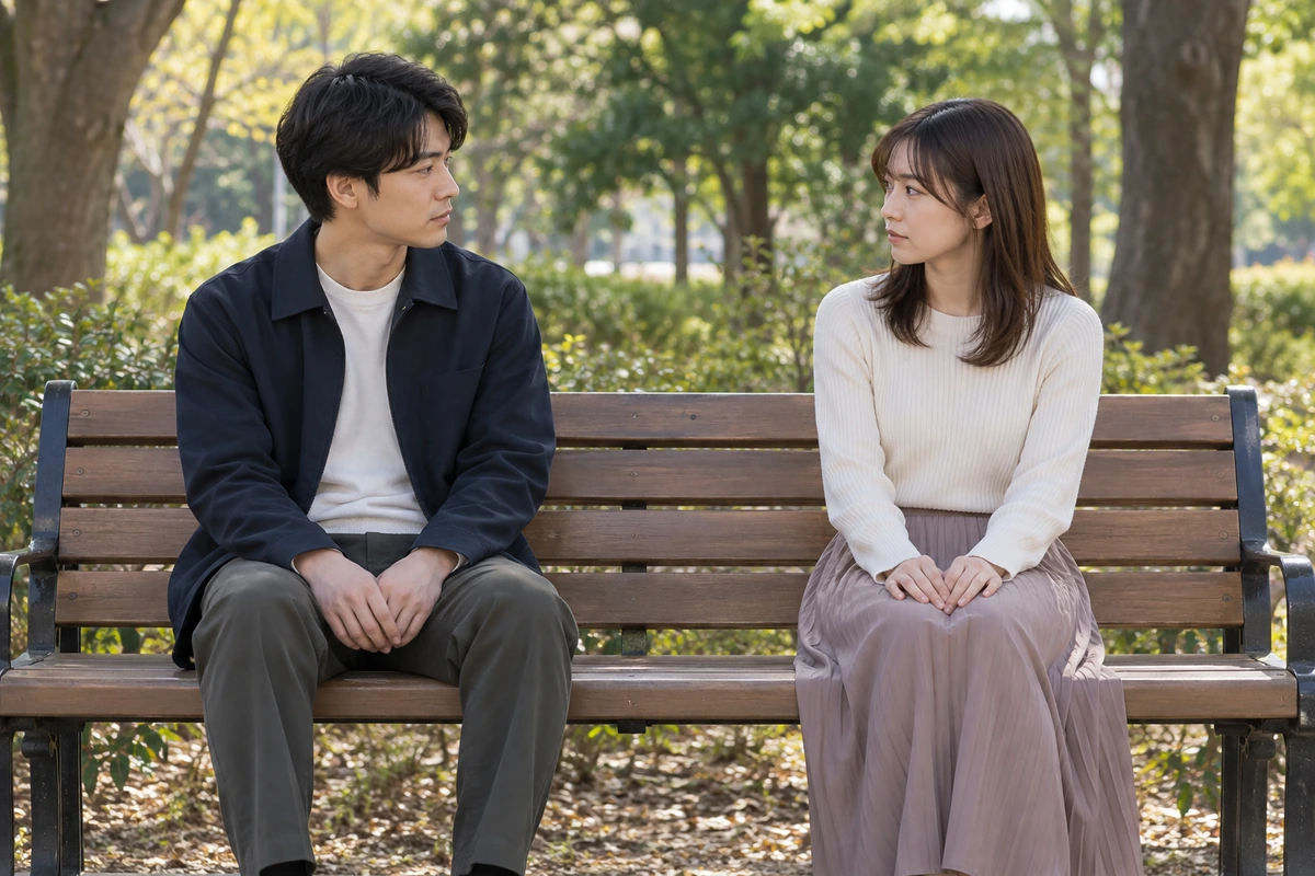 日中の公園で落ち着いて別れ話をする男女
