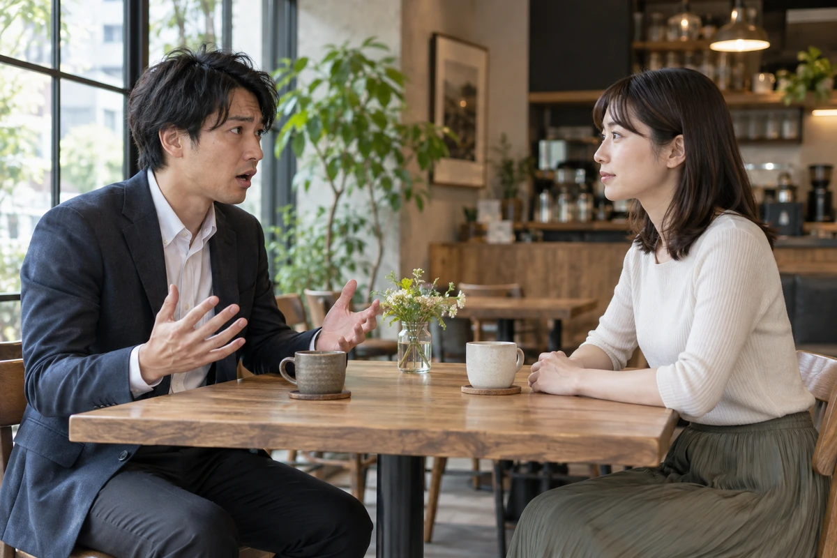 感情的な反応にも落ち着いて結論を伝える女性