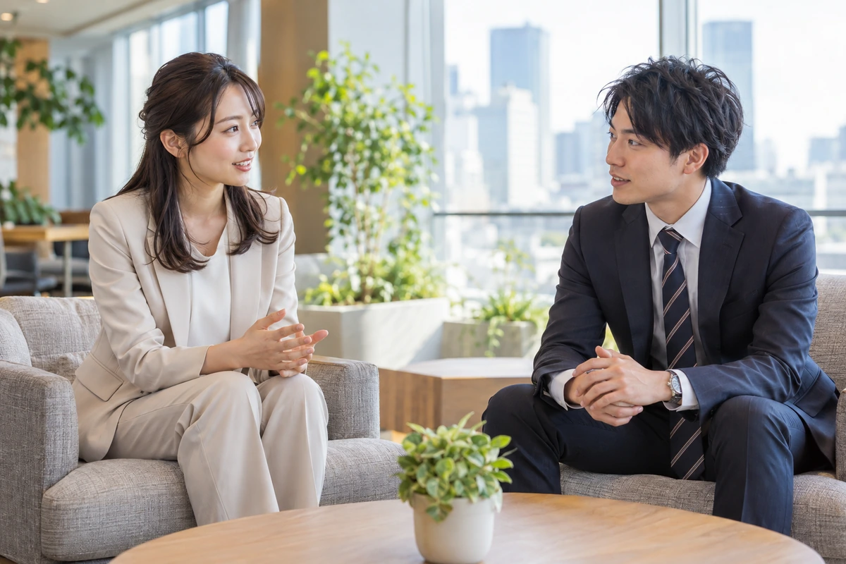 職場で節度を保って会話する男女