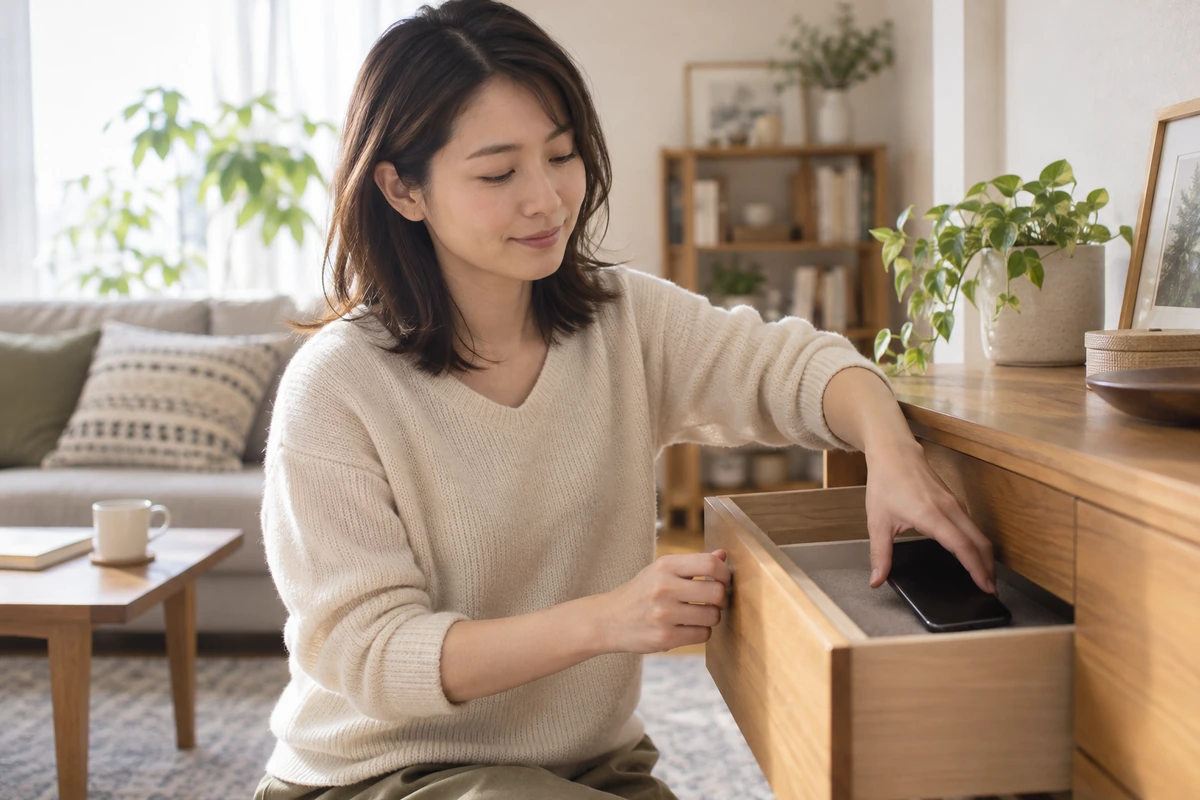 浮気相手との連絡を終えるためスマートフォンをしまう女性