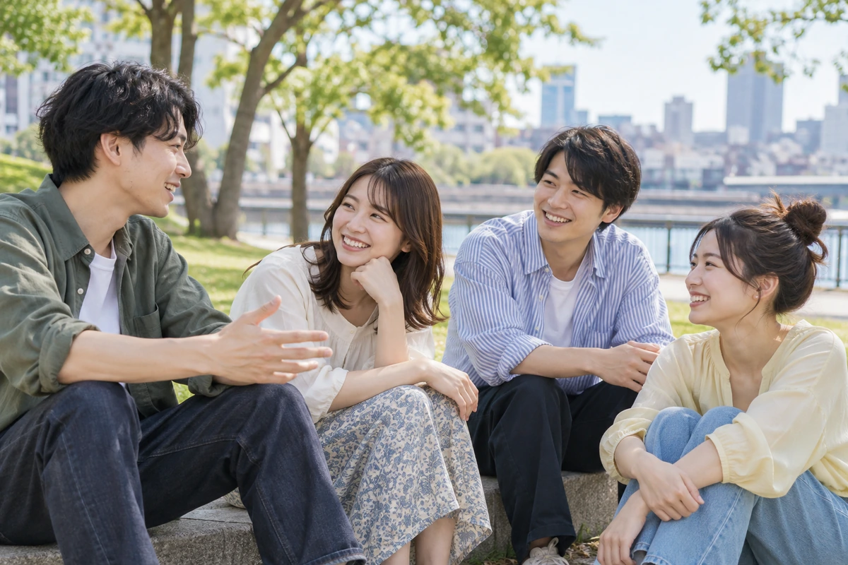 友人グループで自然に会話を楽しむ男女