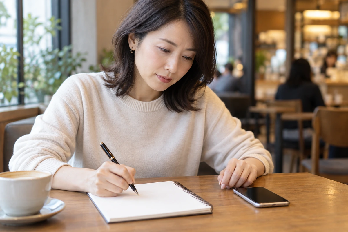 再接触時の質問をノートに整理する女性