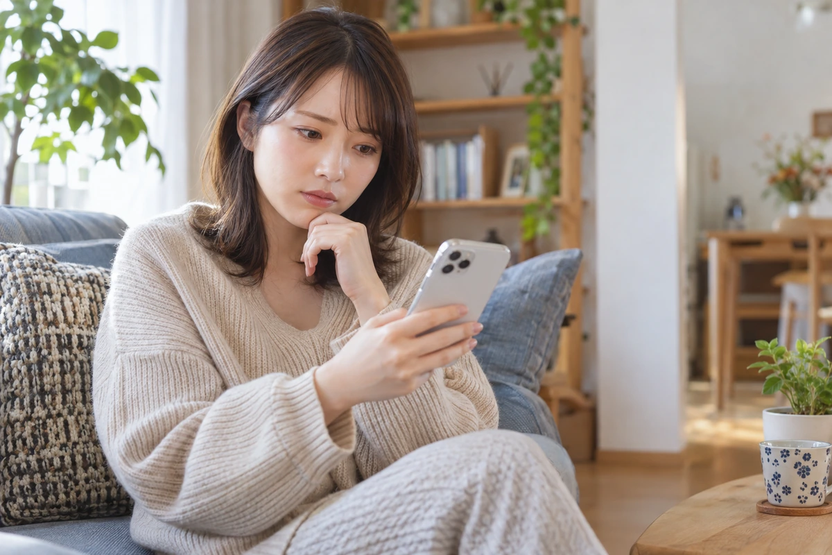 マッチングアプリの会話と予定を冷静に確認する女性