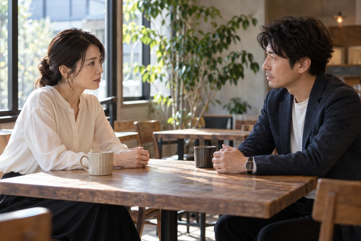 再会して関係について落ち着いて話す男女