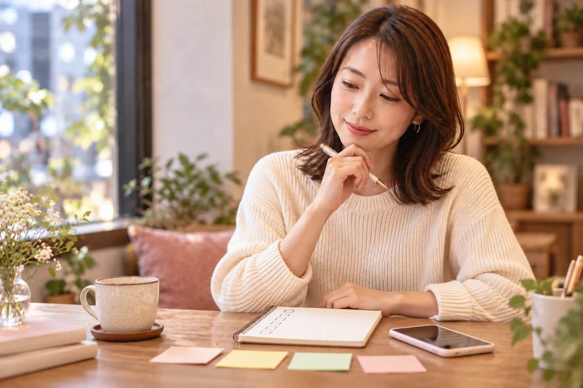 同時進行の疑問をチェックリストで確認する女性