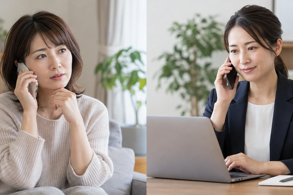 第三者と電話で気持ちと次行動を整理する女性