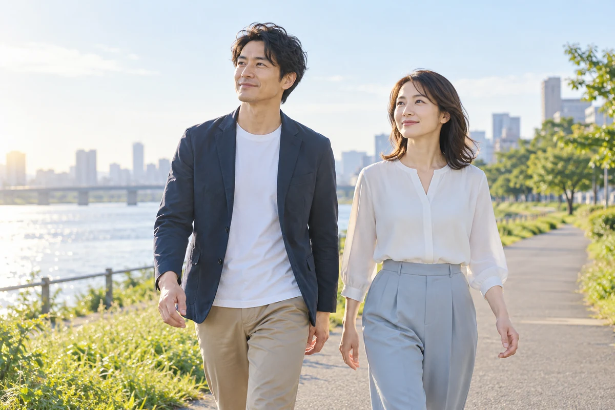 関係の方針を決めて前向きに歩く日本人カップル