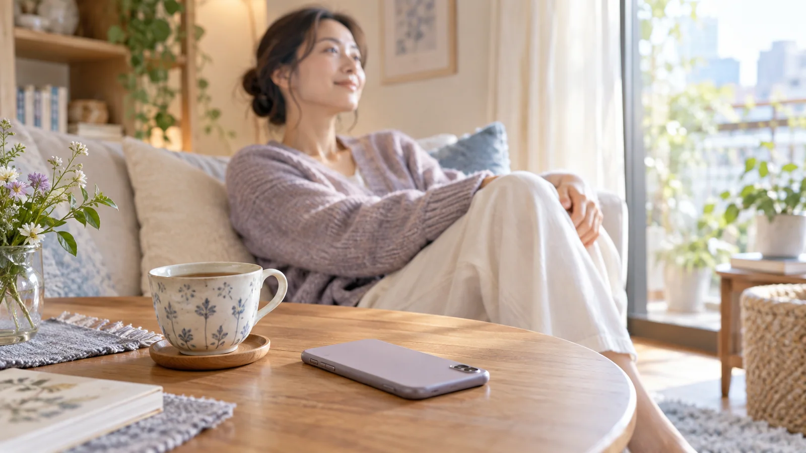 スマートフォンの通知を止めてサービス利用を休む女性
