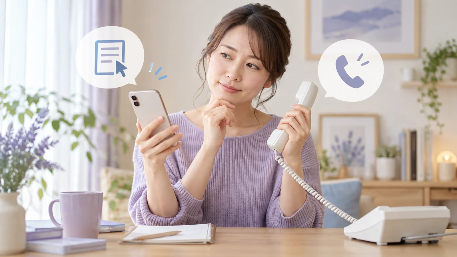 スマートフォンの問い合わせフォームと電話のどちらで退会するか確認する女性