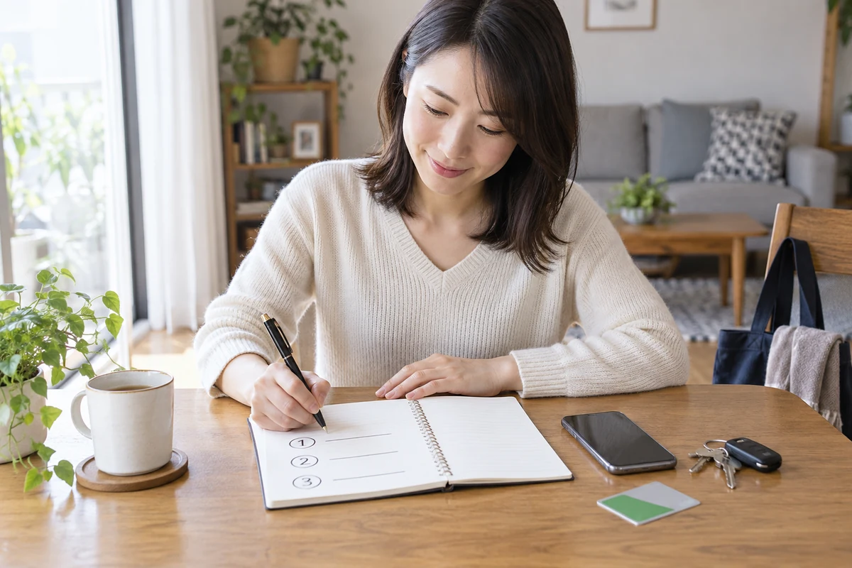登録後の安全な利用手順をメモする女性