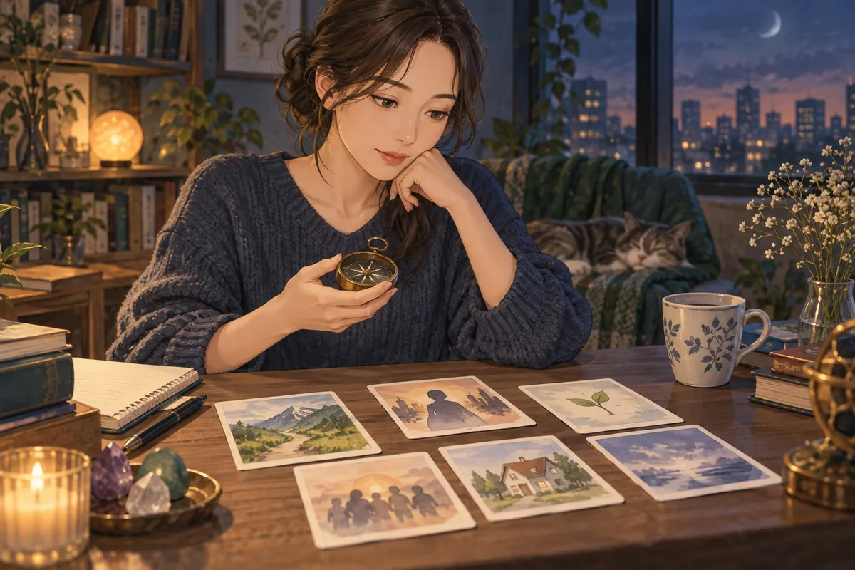 複数の情報カードとコンパスから判断材料を整理する女性