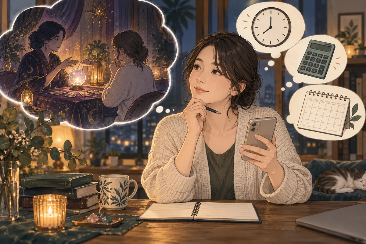 スマートフォンと時計、電卓で相談時間と予算を決める女性