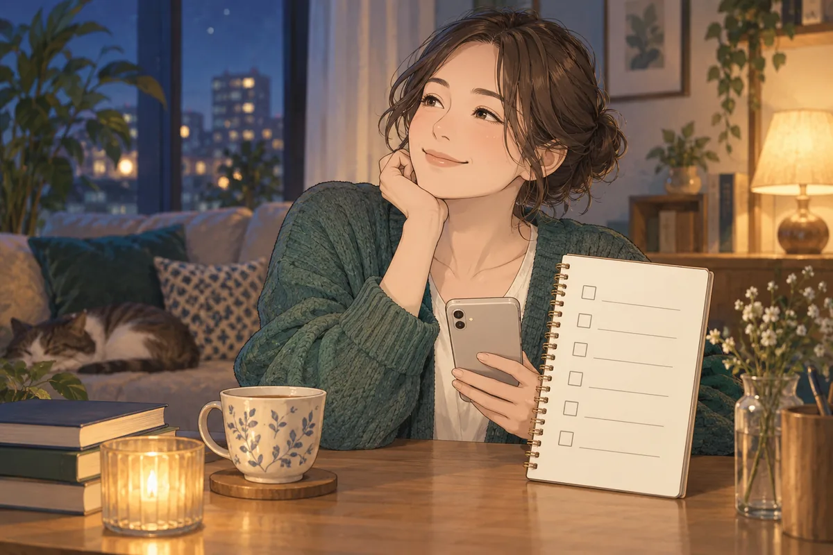 スマートフォンとチェックリストで予約前の疑問を整理する女性