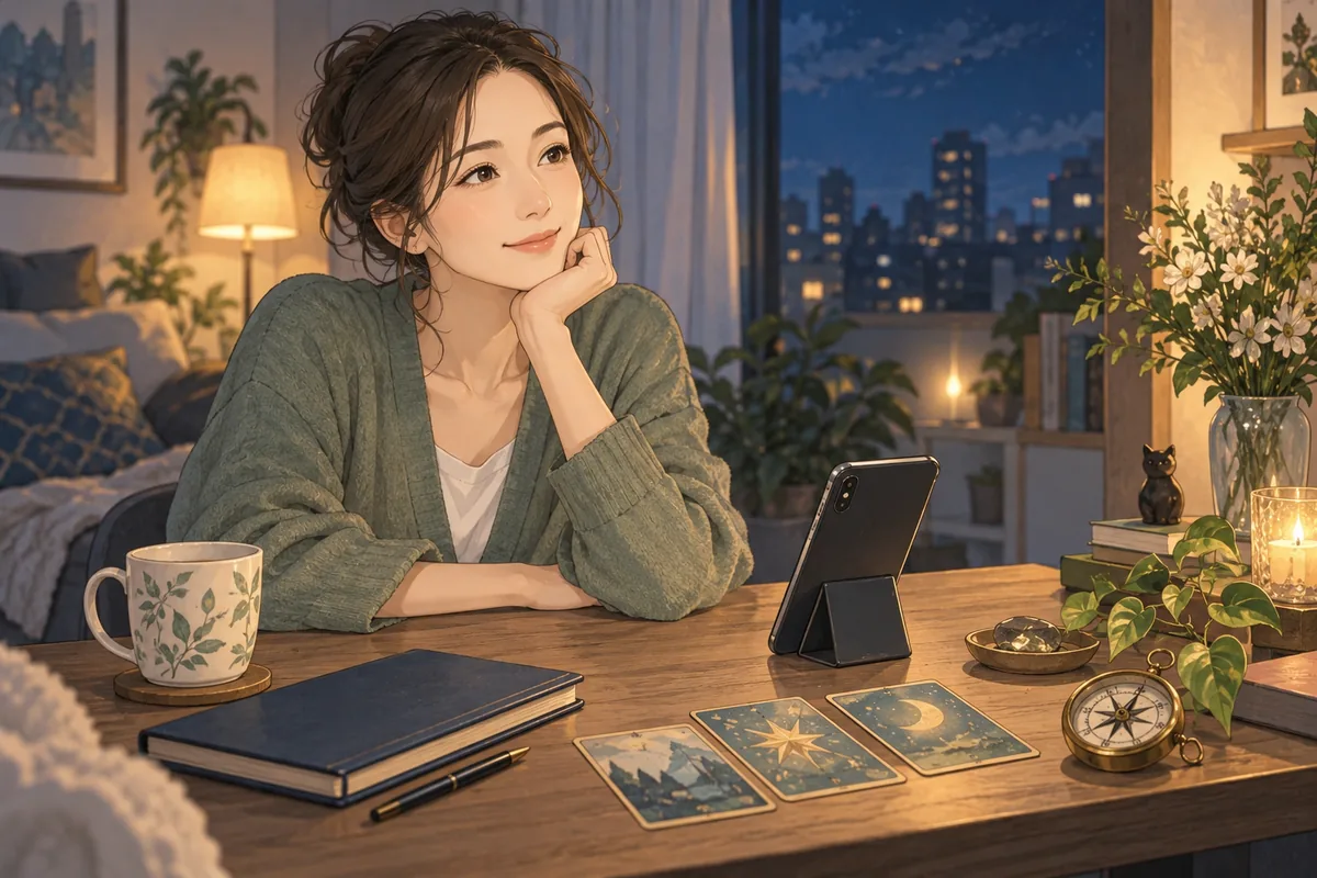 スマートフォンで電話占いへの相談を検討する女性