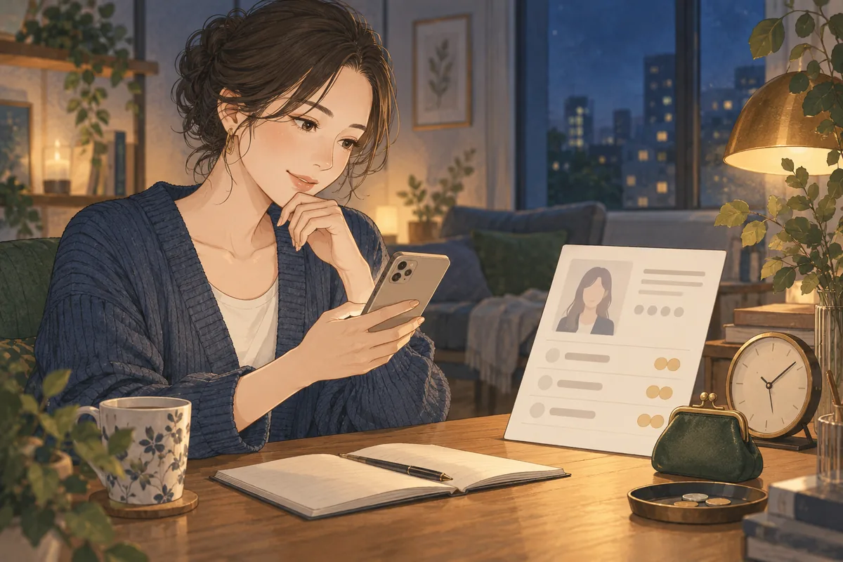スマートフォンと時計で占い師のプロフィールと料金を確認するイメージ